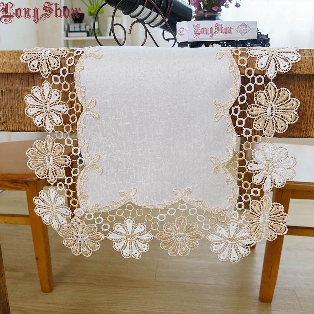 Creative Embroidered Lace Vintage Style White Color Polyester Table Runner For Christmas Wedding Party Decoration