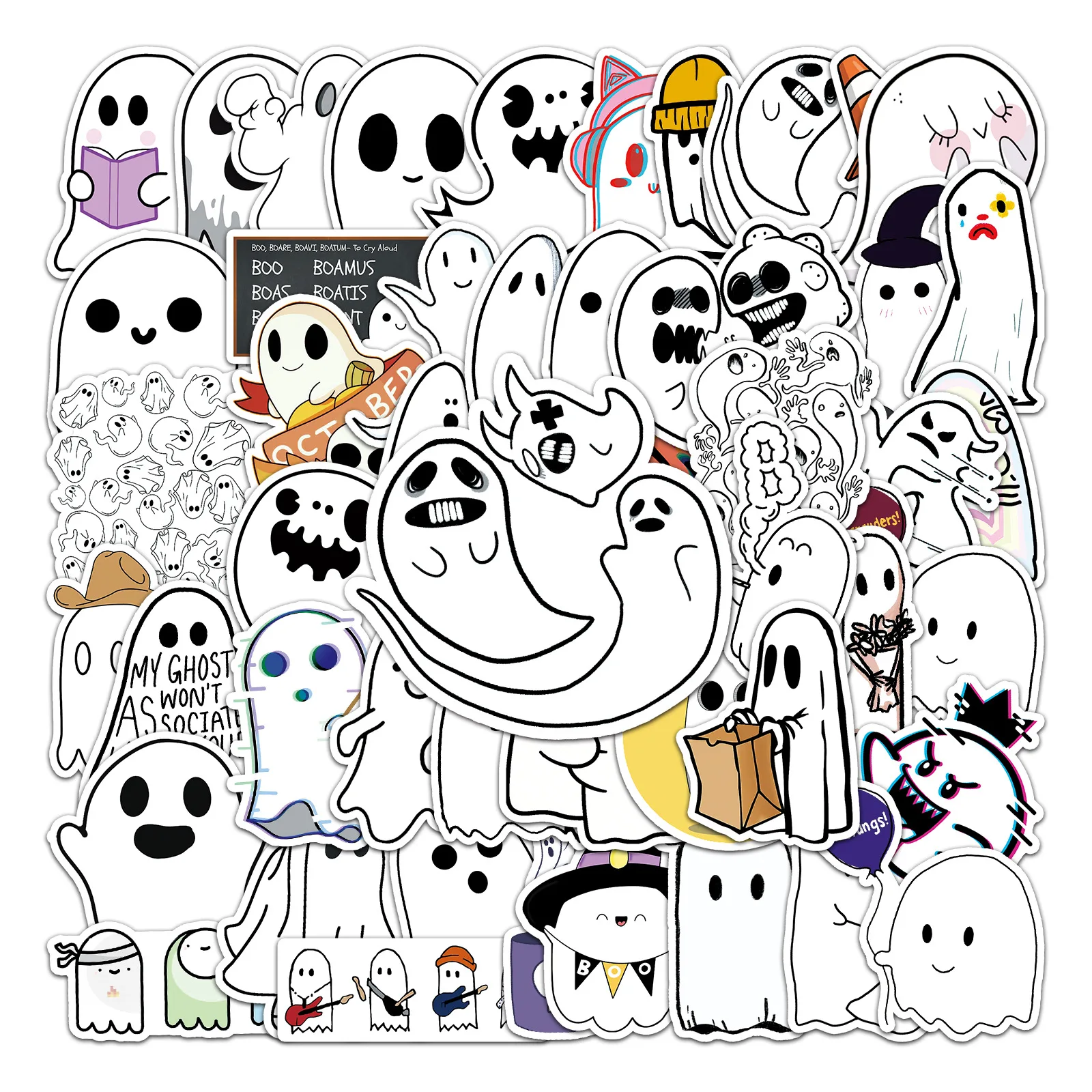 

10/30/50pcs Cartoon Cute Ghost Stickers Halloween Scary Ghost Ship Fridge Guitar Skateboard Travel Suitcase Phone Laptop Toys