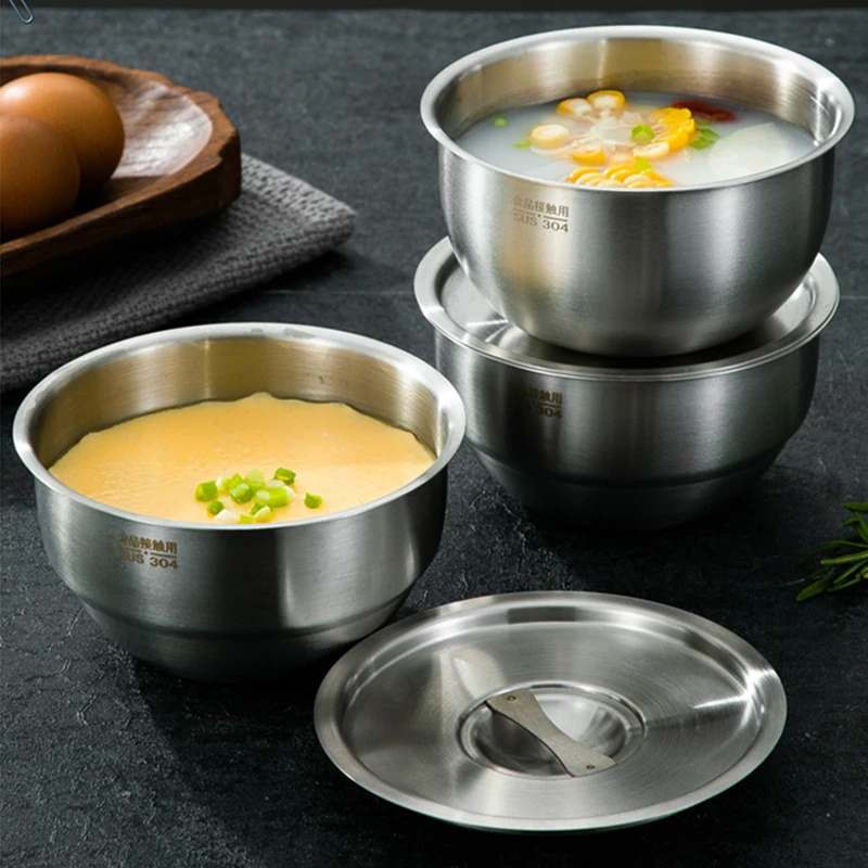 304 Stainless Steel Steamed Egg Bowl With Lids Kitchen Tableware Fruit Salad Dessert Soup Bowl Food Container Rice Noodles Bowl