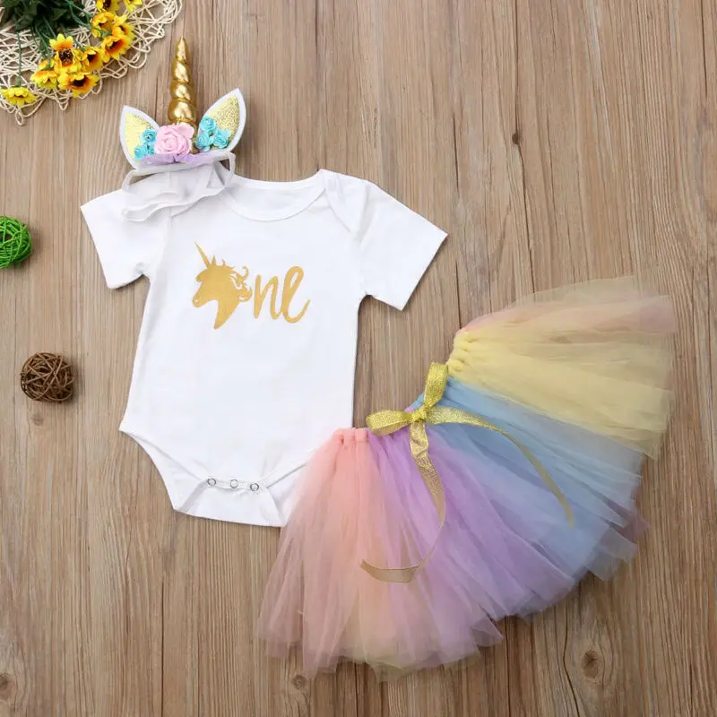 3PCS Baby Girl 1st Birthday Outfit Party Print Romper Cake Smash Tutu Dress Tulle Skirts Headband 0-24 Months