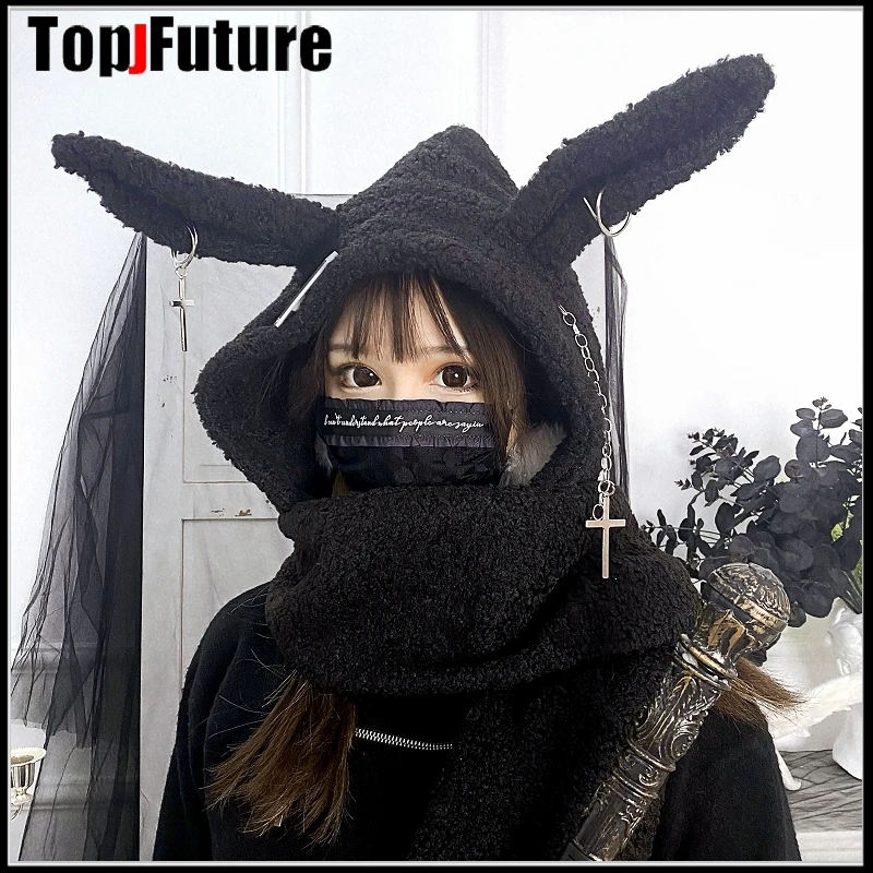 Harajuku Punk Gothic Bunny Ear Cross Black Beret Hat Women Casual Rock Lace-Up Bucket Hat Chic Streetwear Hip Hop Caps