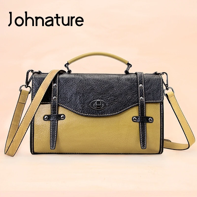 

Johnature Retro Genuine Leather Women Bag 2024 New Large Capacity Messenger Bag Leisure First Layer Cowhide Lady Shoulder Bags