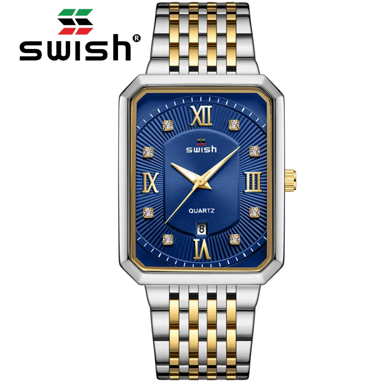 SWISH Business Simple Relogio Masculino Quartz Men Watch Male Blue Rectangle Two Tone Gold Case Roman Numbers Gift Box Date