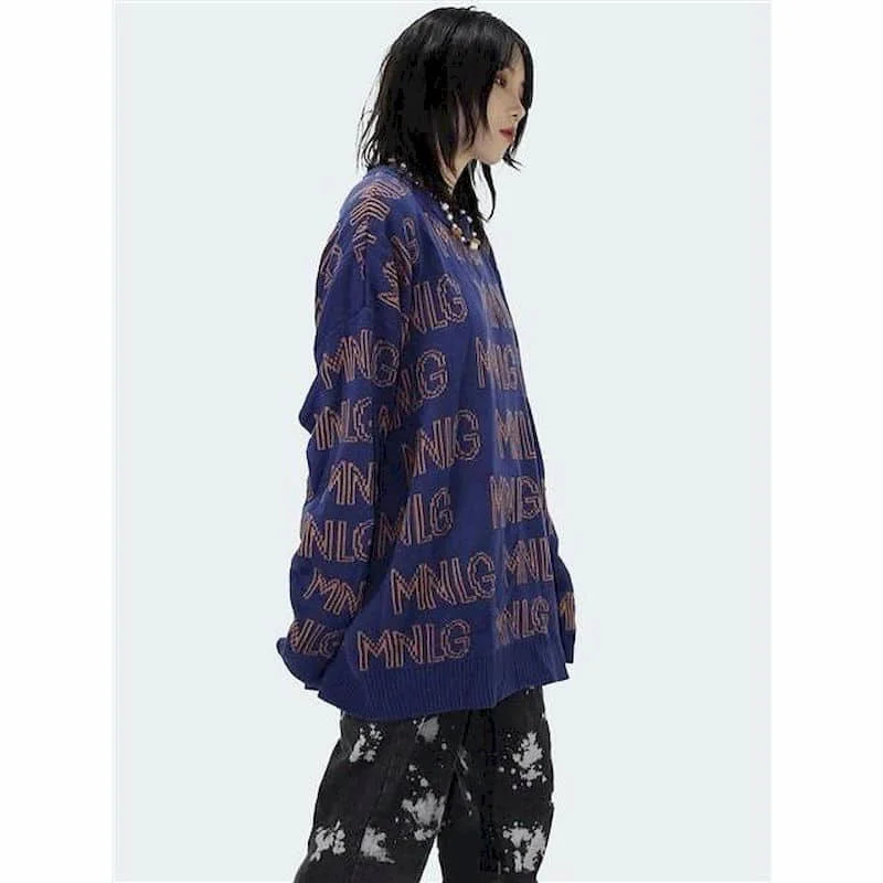 Men women handsome sweater Oversize Korea homemade letters full jacquard O-neck pullover boy girl streetwear cool guy