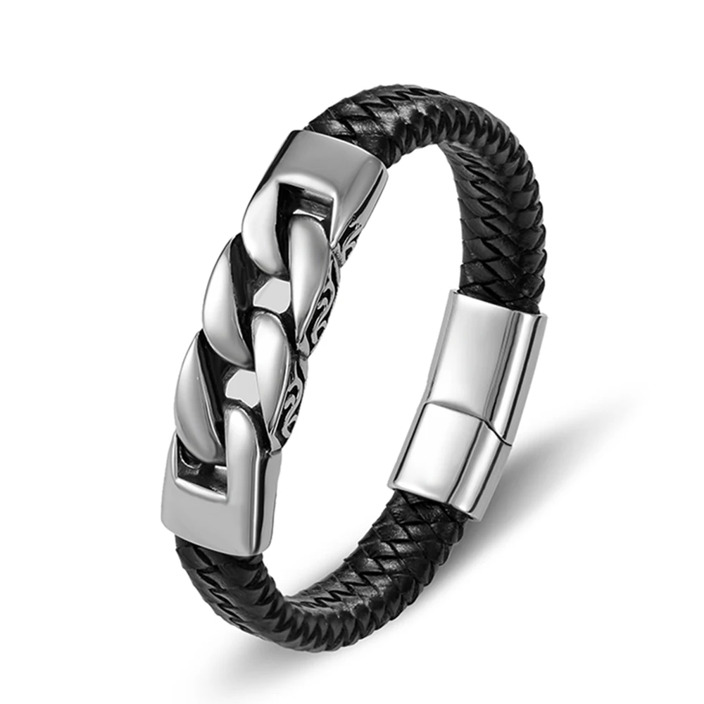 TYO Charm Genuine Leather  Black Stainless Steel Magnetic hk Bracelet Men  Birthday Gift For  boy friend