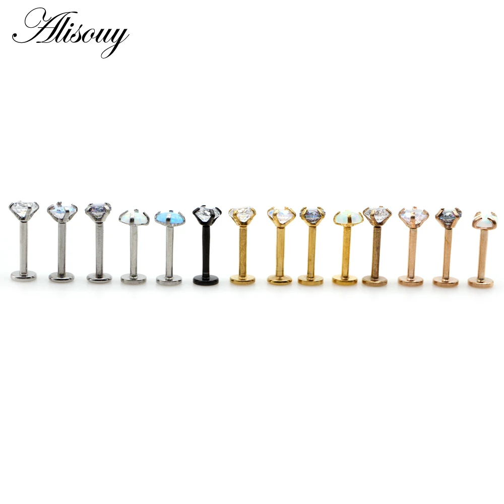 Alisouy 1pc Internally Threaded Prong Round Opal Zircon flat bottom Labret Stud Ear Tragus Cartilage Earring Lip Ring Piercing