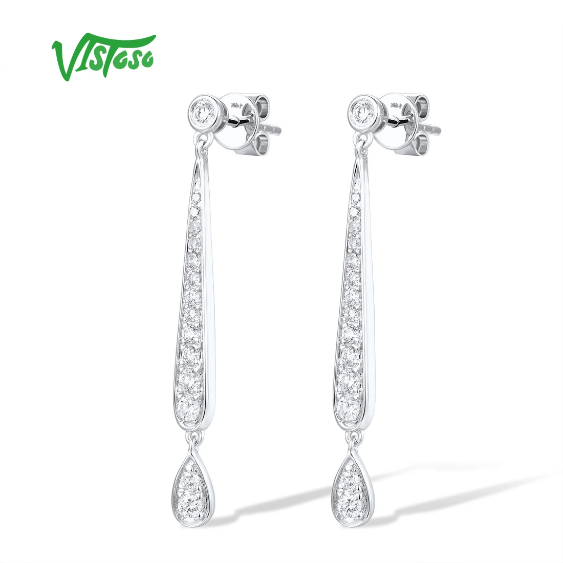 VISTOSO Authentic 14K 585 White Gold Earrings For Women Sparkling Diamond Water Drop Earrings Simple Style Stunning Fine Jewelry