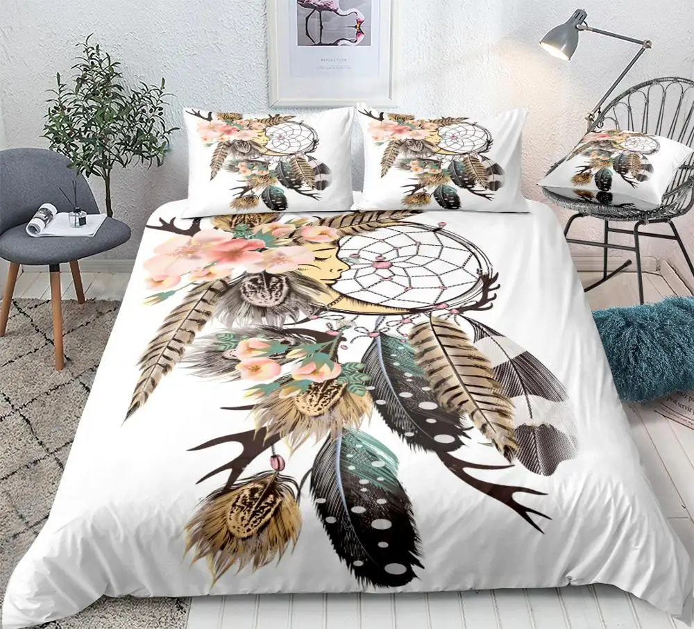 3 Pieses DreamCatcher Bedding Set Boho Feathers Duvet Cover Set Flowers Bed Set with Pillowcase King White Bedclothes Floral