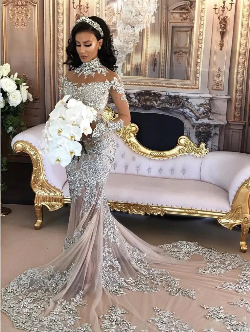 Vestido de casamento muçulmano sereia de renda personalizado com mangas compridas gola alta vestidos de noiva da Arábia Saudita Dubai vestido de noiva africano