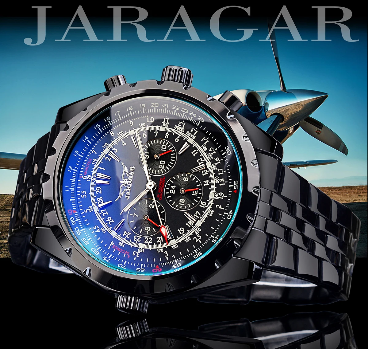 Jaragar – montre-bracelet automatique en acier inoxydable pour hommes, Design verre bleu, noir et argent, horloge de Date lumineuse, Business