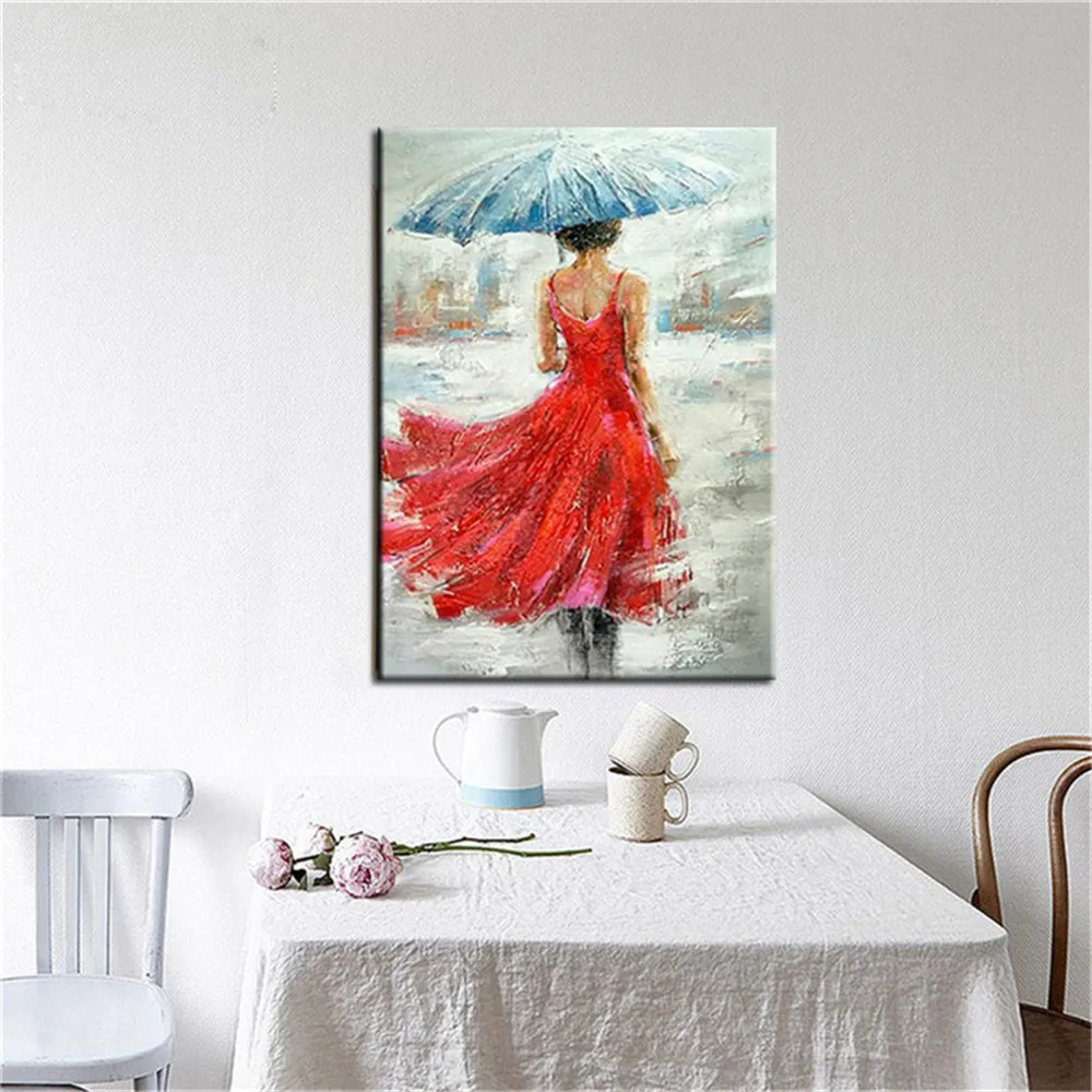 الحديثة رسمت باليد قماش النفط اللوحة مجردة الأحمر تنورة فتاة ديكور المنزل جدار صورة فنية لغرفة المعيشة الزفاف المشارك هدية