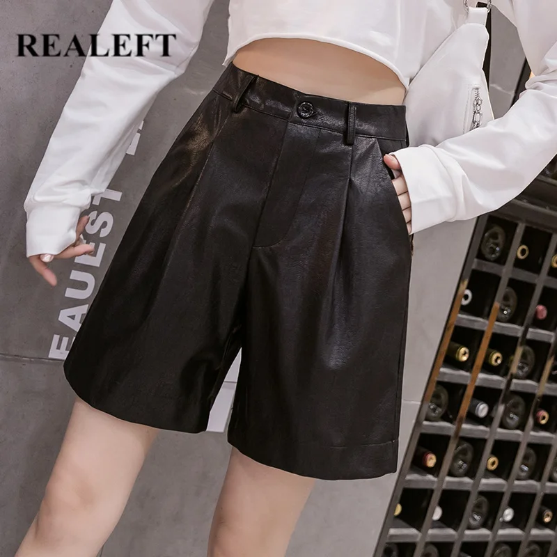 

REALEFT New 2020 Autumn Winter Solid PU Leather Women's Half Pants High Waist Wide Leg Pants Elegant Female OL Trousers Pocket