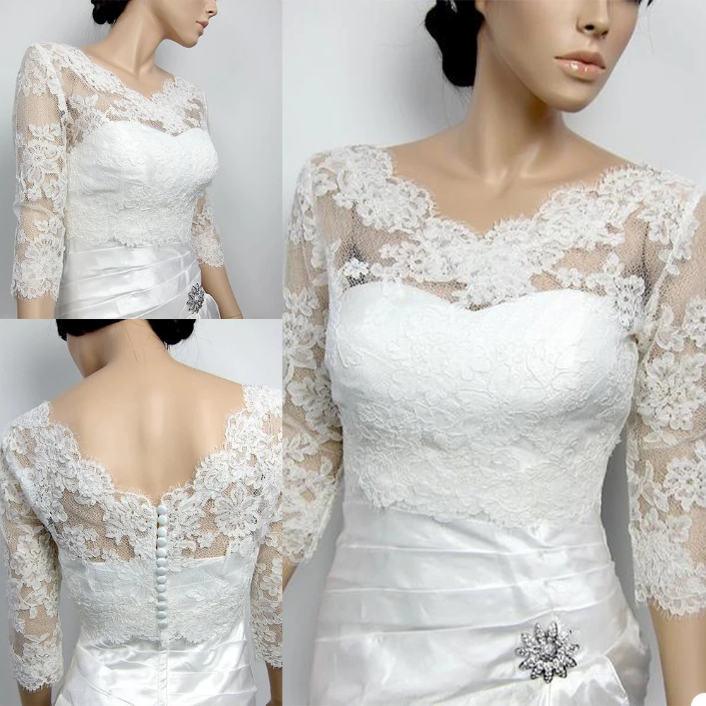 

Vintage Bridal Jackets V Neck Long Sleeves Bolero Wedding Top New Lace Appliques Custom Made Button Back Bridal Accessories