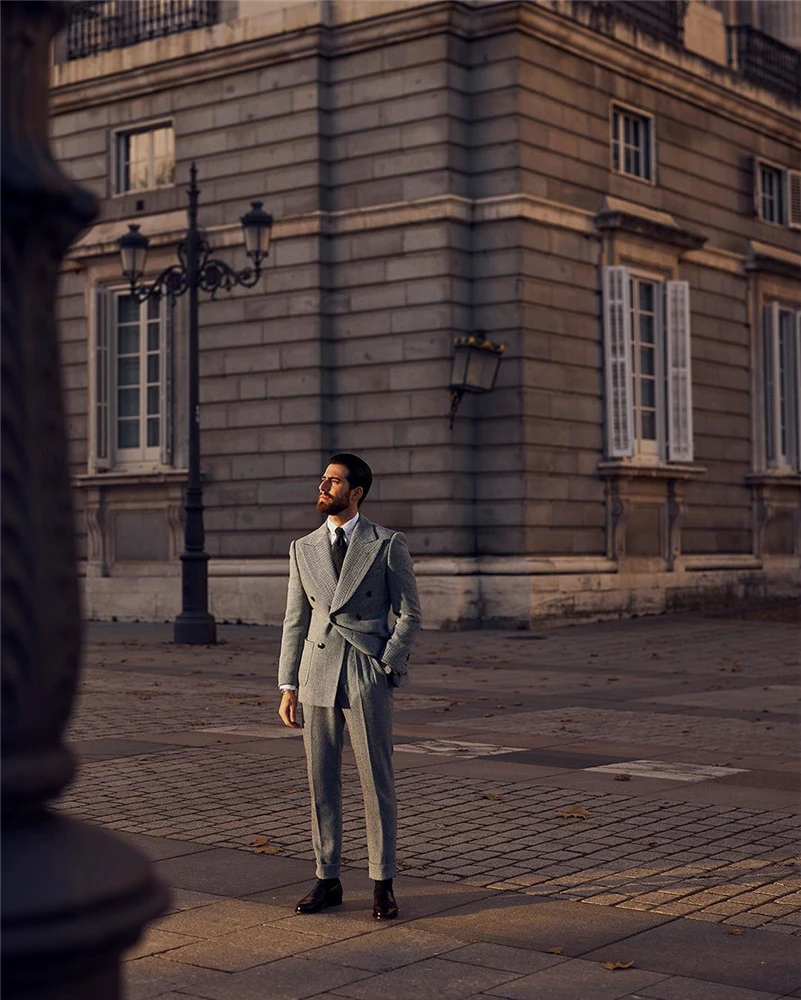 Abiti da uomo in lana grigia a spina di pesce per smoking da sposo 2 pezzi giacca in Tweed su misura (giacca + pantaloni)