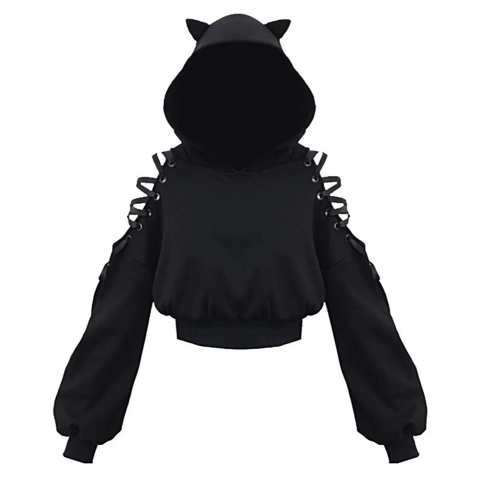 Black Gothic Crop Top Women Hoodies Punk Sweatshirt Off Shoulder Lace Up Hooded Pullover Cat Ear Short Style Female Jacket Coat