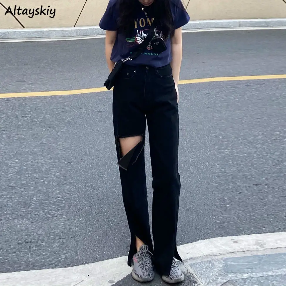 

High Waisted Jeans Women Chic Boyfriend BF Hole Design Vintage Girls Bottom Summer All-match Black Simple Teens Streetwear Basic