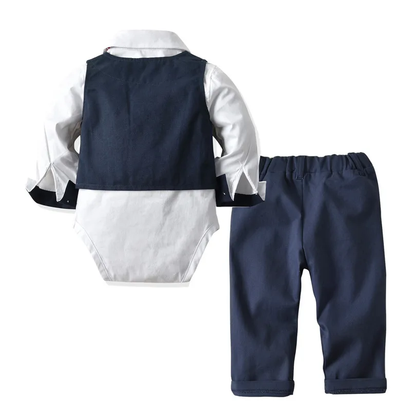 Baby Boy Formal Set Clothing with Tie Navy Vest Romper Pants for 9-36 Months Kids Suits Party Birthday Gentleman Clothes