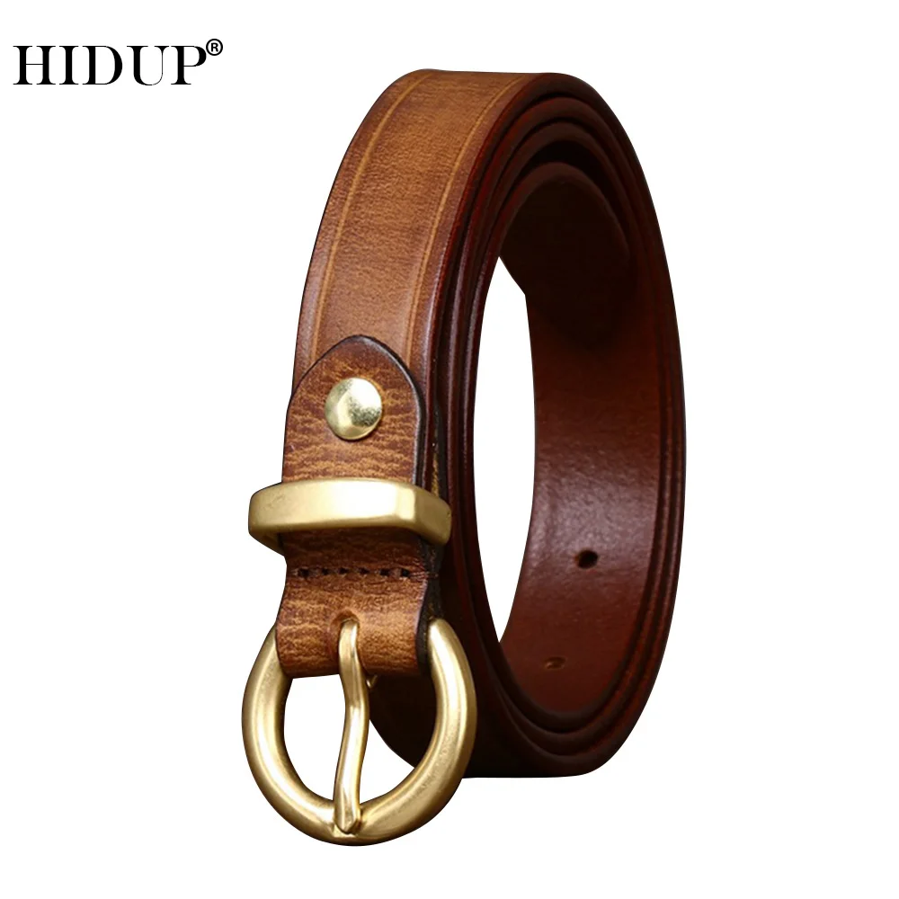 HIDUP Top Quality Cow Genuine Belts Retro Brass Pin Buckle Metal Cowhide Belt for Women Female Accessories 2.4cm Wide NWJ1095