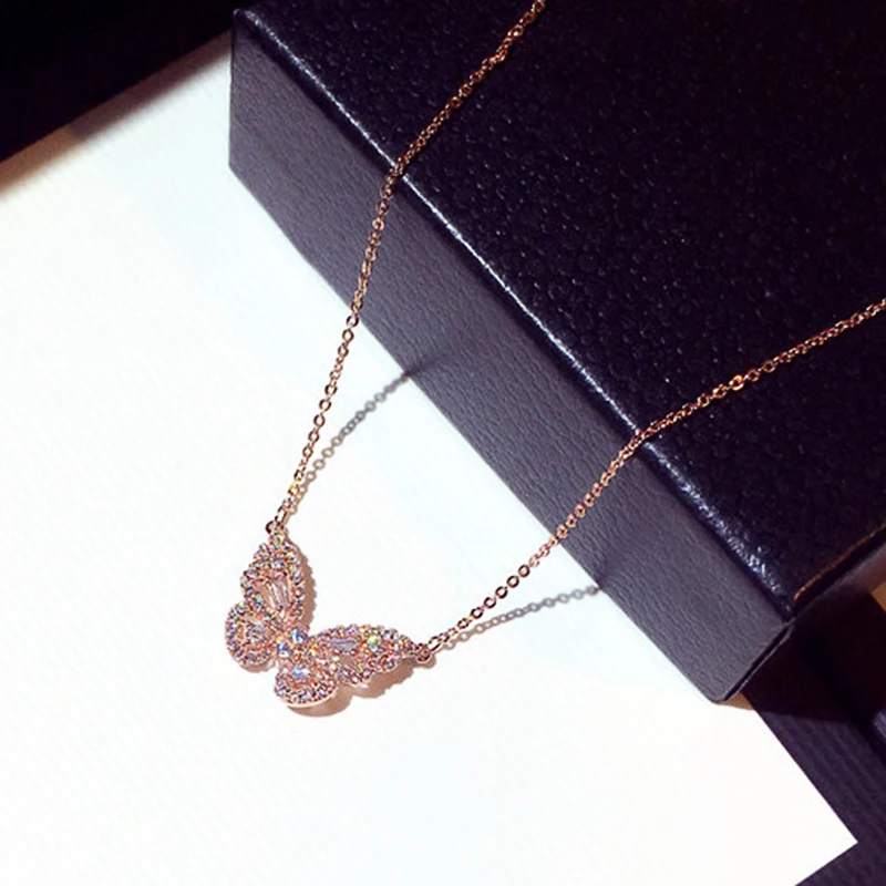 Huitan Bling Bling Butterfly Necklace for Women Brilliant CZ Delicate Girls Accessories Engagement Wedding Party Fashion Jewelry