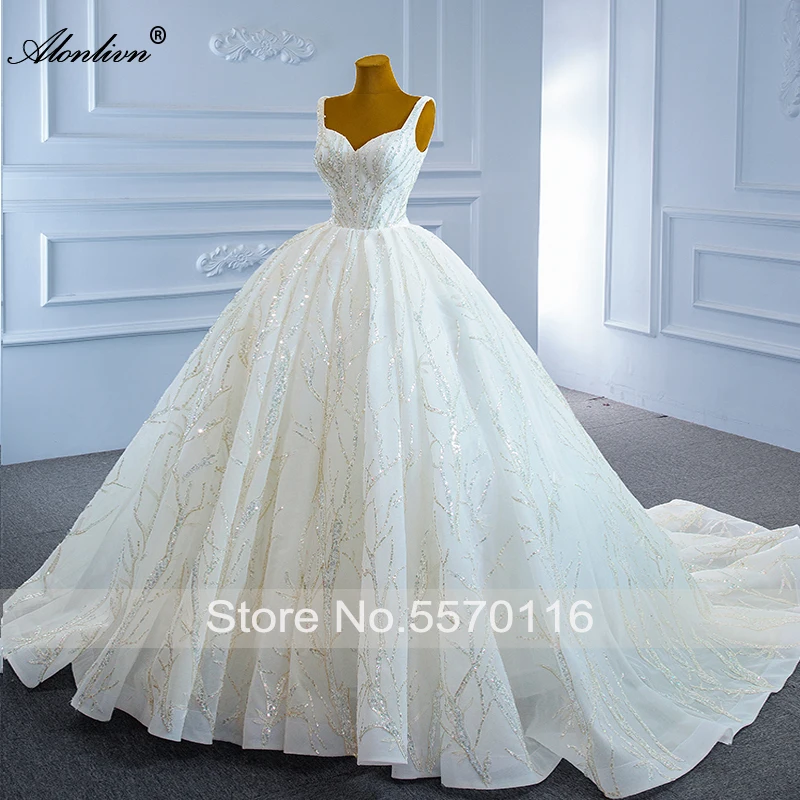 Alonlivn Luxury Unique Sequined Lace Ball Gown Wedding Dresses Sleeveless Lace Up Spaghetti Straps Bridal Gowns