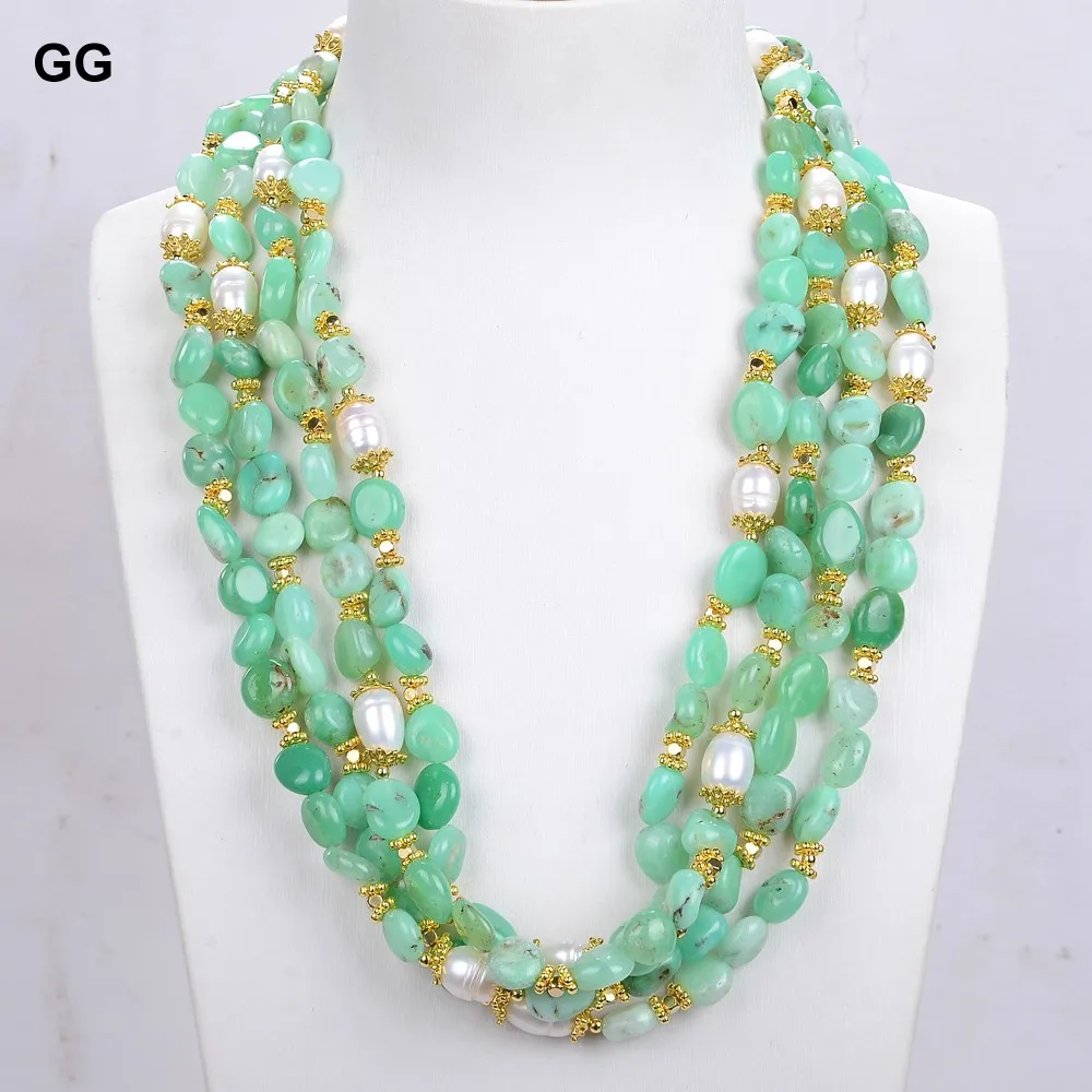 

GG 4 Rows Natural Green Chrysoprase Freeform Cultured White Rice Pearl Necklace Ethnic Style For Women