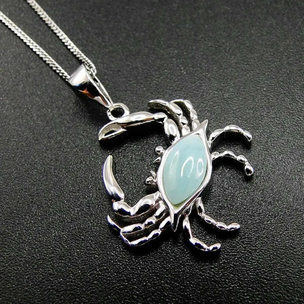 Sea Life Animal 925 Sterling Silver Natural Dominica Larimar Crab Pendant Necklace For Women Gift