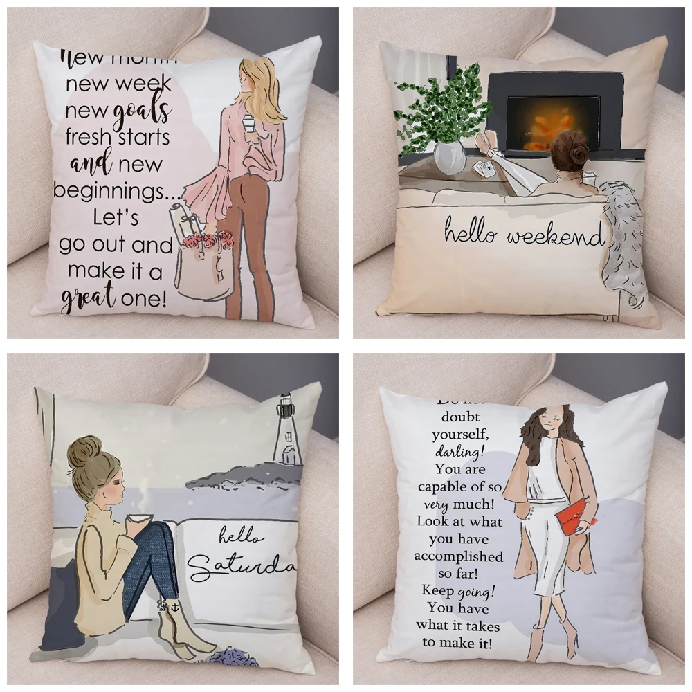 Hello Weekend Cute Cartoon Girl Cushion Cover Pillow Case 45*45cm Covers Decor Letter Super Soft Short Plush Pillows Pillowcase