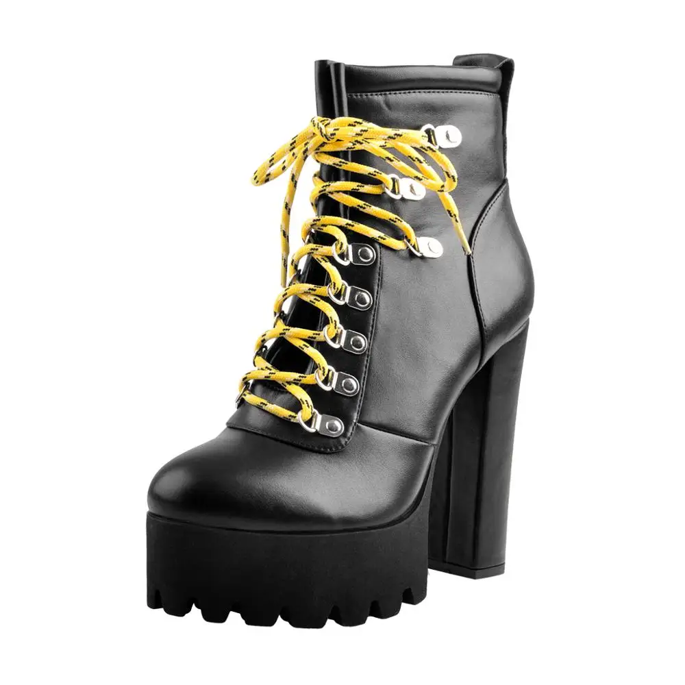 Onlymaker Women Platform Lace Up Ankle Boots Yellow Strappy Round Toe Chunky High Heel  Gift Booties