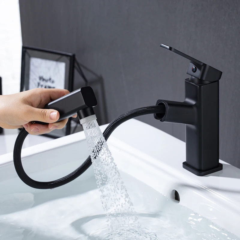 Pull Out Bathroom Basin Sink Faucet Hot And Cold Water Mixer Tap Single Handle Spray Sink Tap Kitchen Crane Deck Mount