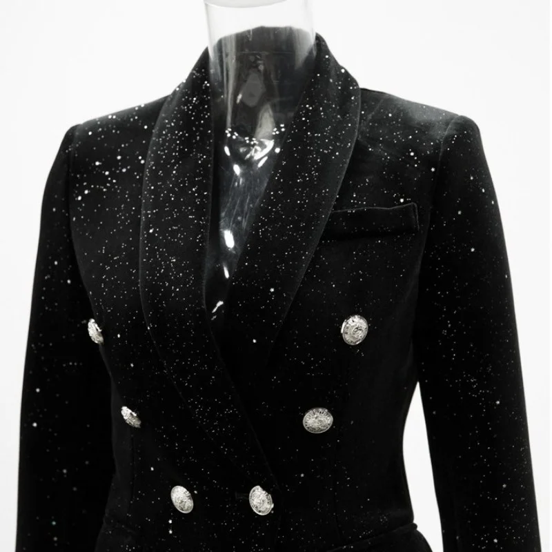 Women New Slim Fit Fashion Stars Speckled Blazers Jacket Punk Double Breasted Stage Show Coat Black Glitter Party Outwear Blazer