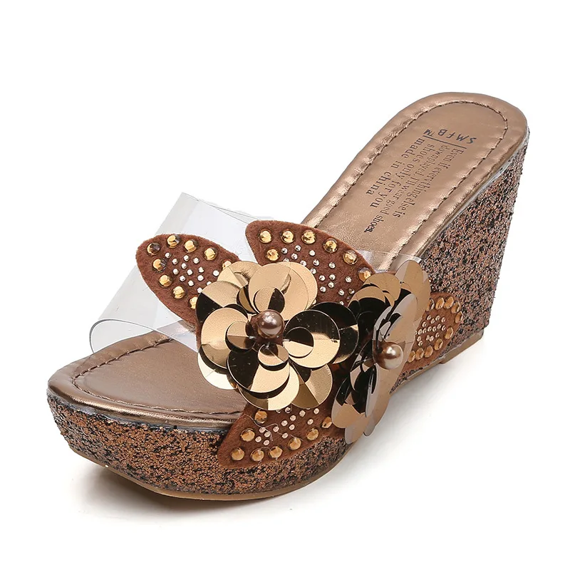 platform slippers wedge slides slippers women summer shoes beach sandals slippers ladies shoes with heels pearl flower 2020