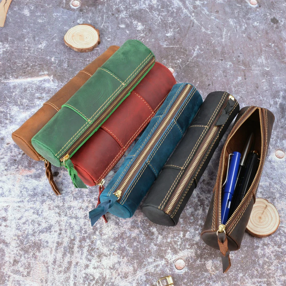 

Vintage Retro 100% Genuine Leather Pencil Case Pens Bag Pencil Pouch Handmade School Stationery Classic and High Quality Gift