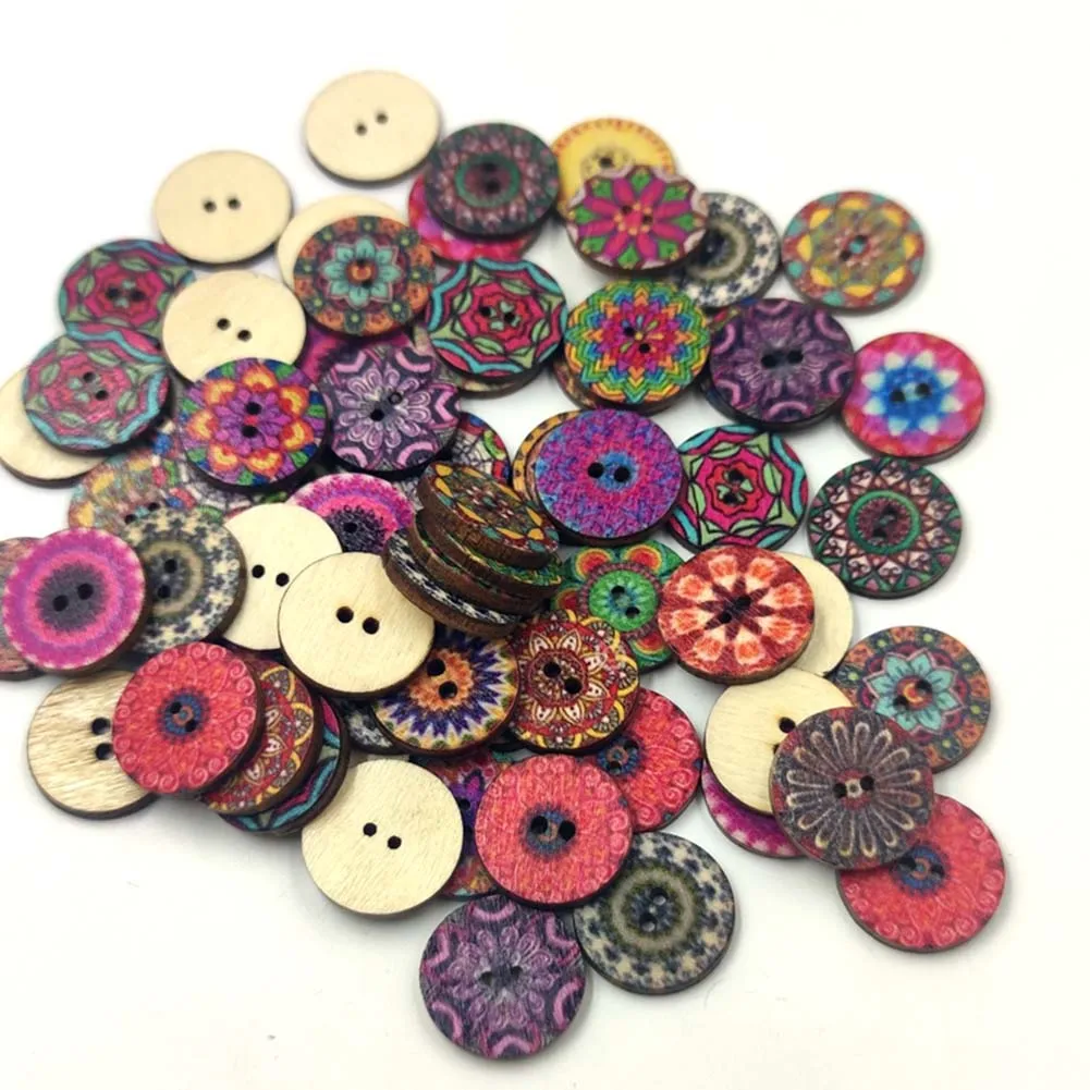 100Pcs Bohemian Style Round Wooden Buttons 15/20/25mm Retro Pattern 2-Holes Button Clothing Decor Buttons Sewing Accessories