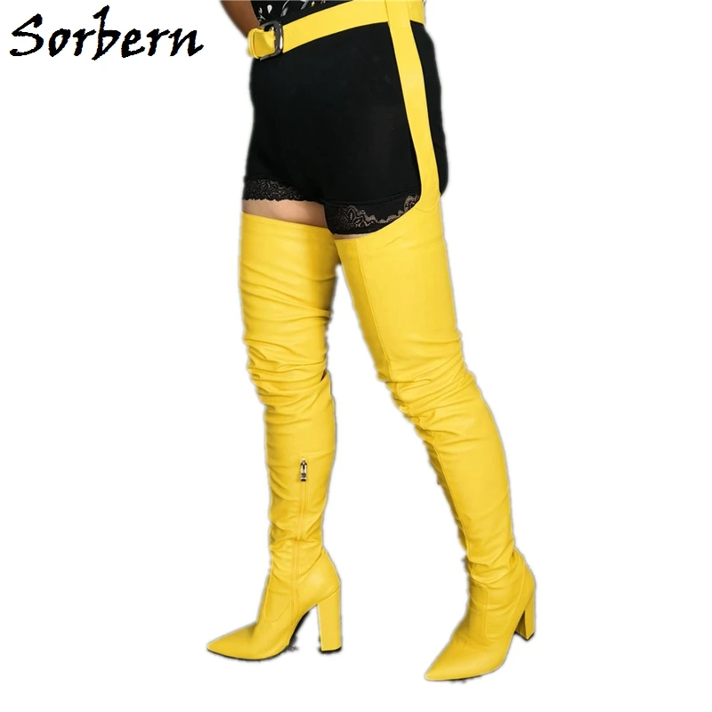 Sorbern Yellow Block Heel Boots With Belt Point Heels Custom Long Boots Women Chunky Heel Shoe Fetish Over Knee Boots Womens Guy