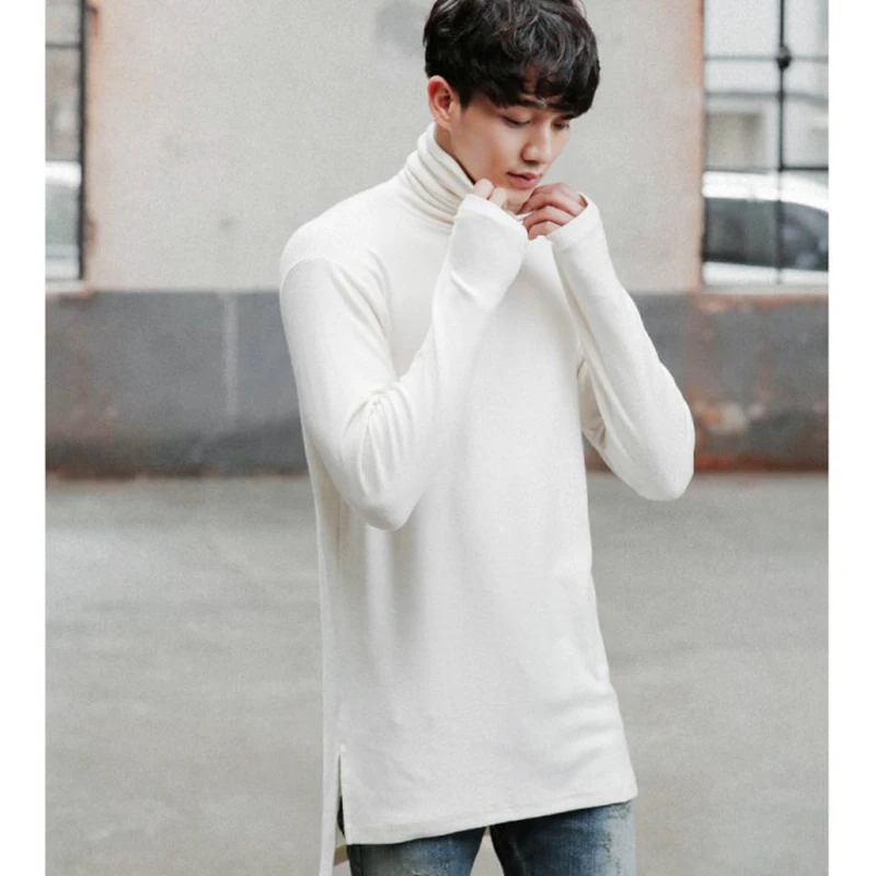 Men's T-shirt Spring and Autumn Korean version of asymmetrical hem mittens T-shirt men's high collar long sleeve trend