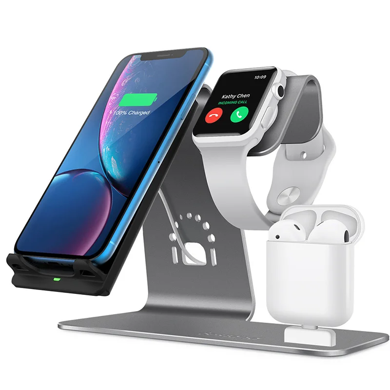 3 in 1 Aluminum Wireless Charging Stand for Apple Watch, Charging Station for Airpods, Qi Fast Wireless Charger Dock for Apple