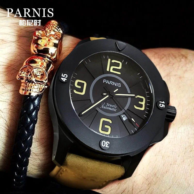 Imagem -03 - Parnis-relógios Mecânicos Militares para Homens Relógio Automático Sapphire Crystal Pulseira de Couro Genuíno Marca Top Luxo 47 mm