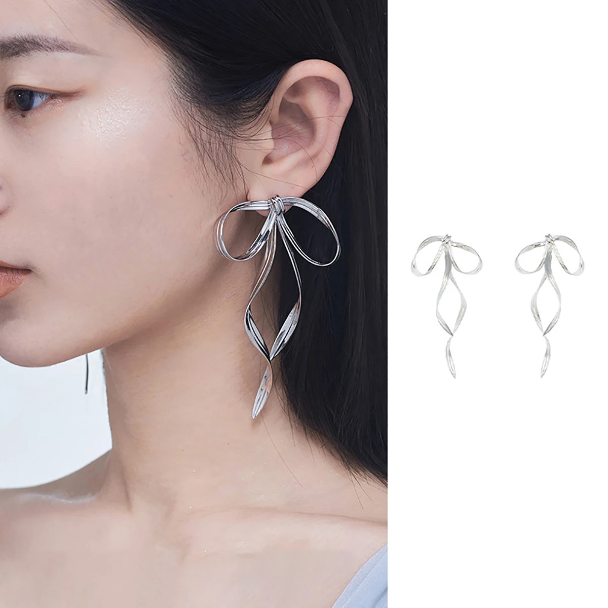 AENSOA 2024 Korean Design Fashion Simple Silver Color Metal Line Bow Earrings Elegant Big Long Bowknot Drop Earrings Female