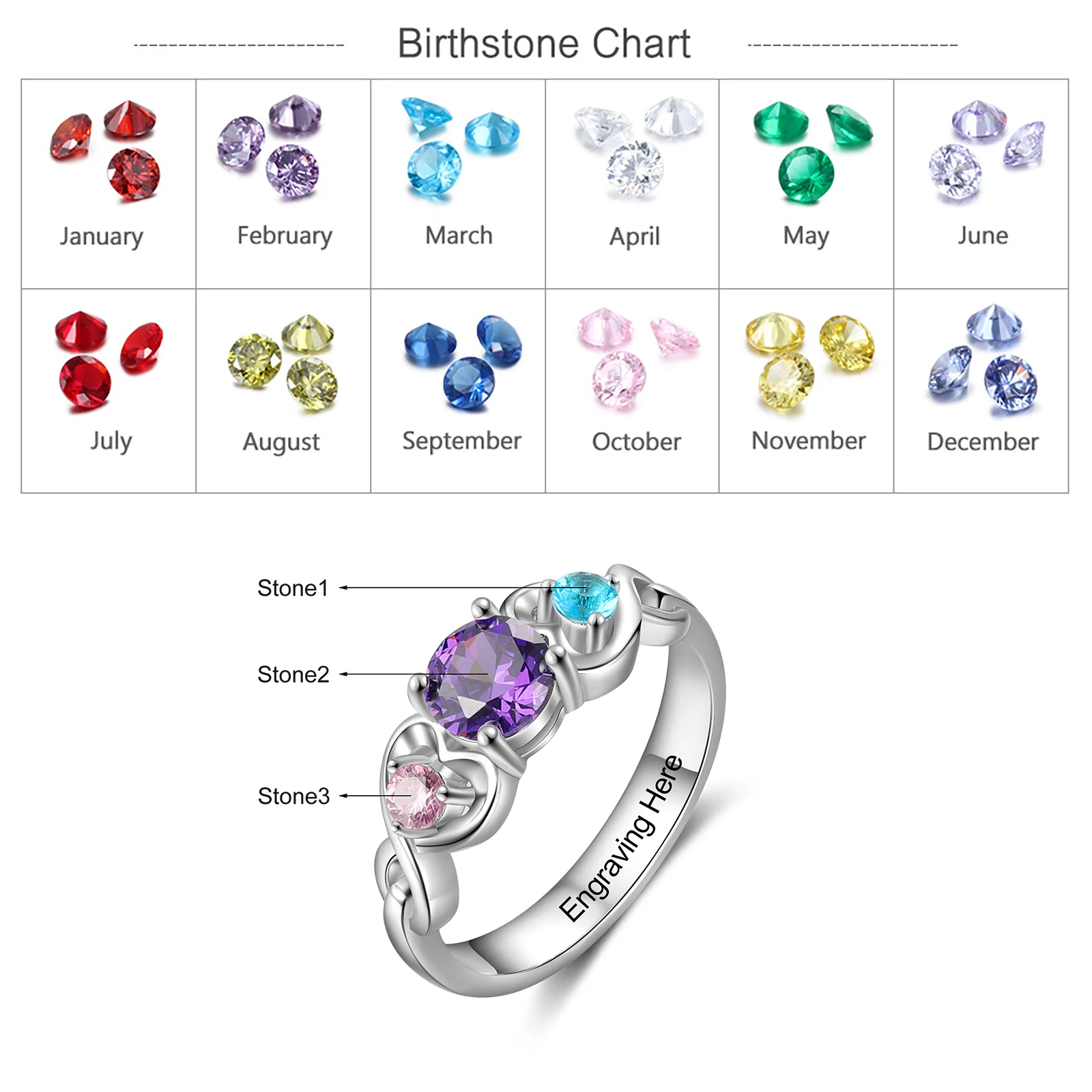 JewelOra Personalized Engraving Wedding Engagement Ring Customized 12 Colors Birthstone Rings for Women Anniversary Gifts