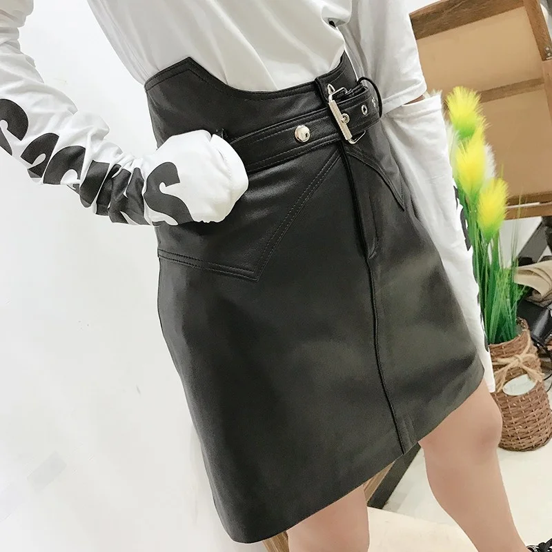 Schaffell Sexy Wrap Mini Rock Frauen Mode Belted Slim Fit Echtes Leder Röcke Hohe Taille Punk Stil Elegante Damen Rock