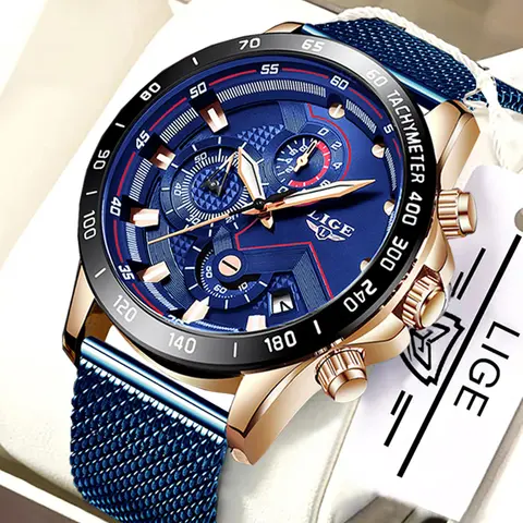 Men's Fashion Quartz Watch Blue Waterproof LIGE