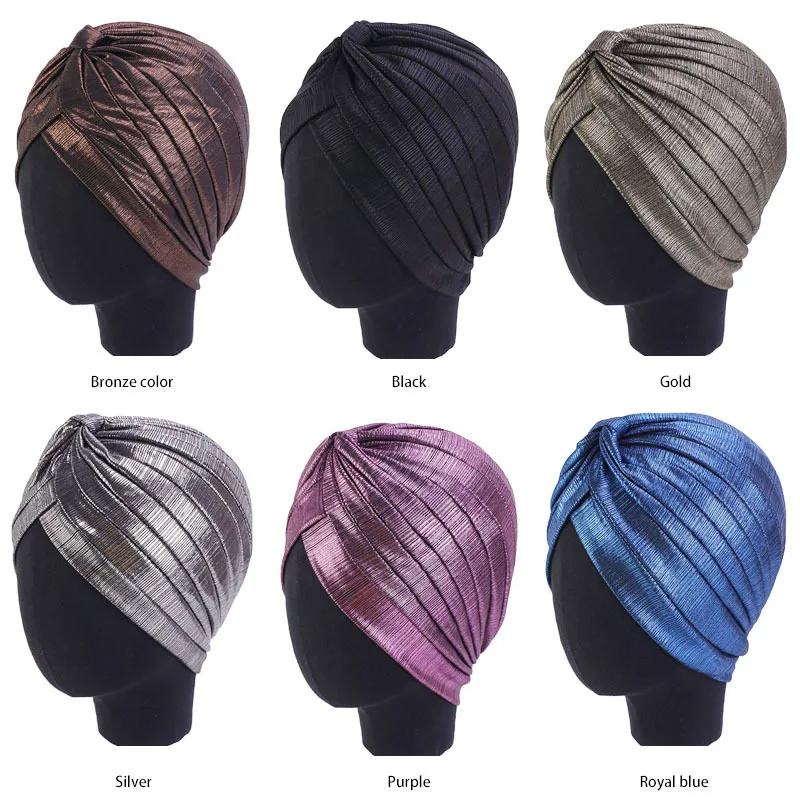 Women Metallic Pleated Turban Shiny Hijab Head Wrap Beanie Hat Muslim Chemo Cap Fashion Designs Solid Headwear Hair Accessories