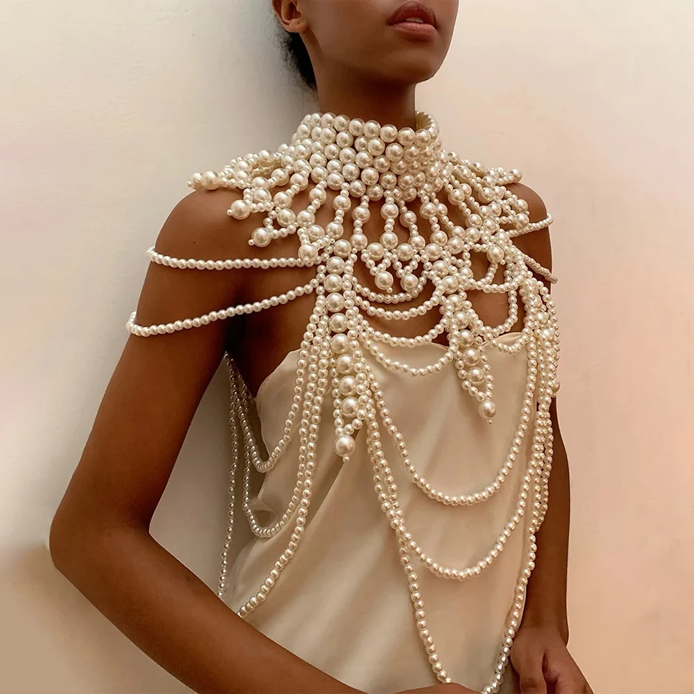 Bridal Luxury Pearl Wedding Cape Lady Retro Prom Evening Shawl Women Elegant Noble Bolero Party Beaded Shrug Gorgeous Body Chain