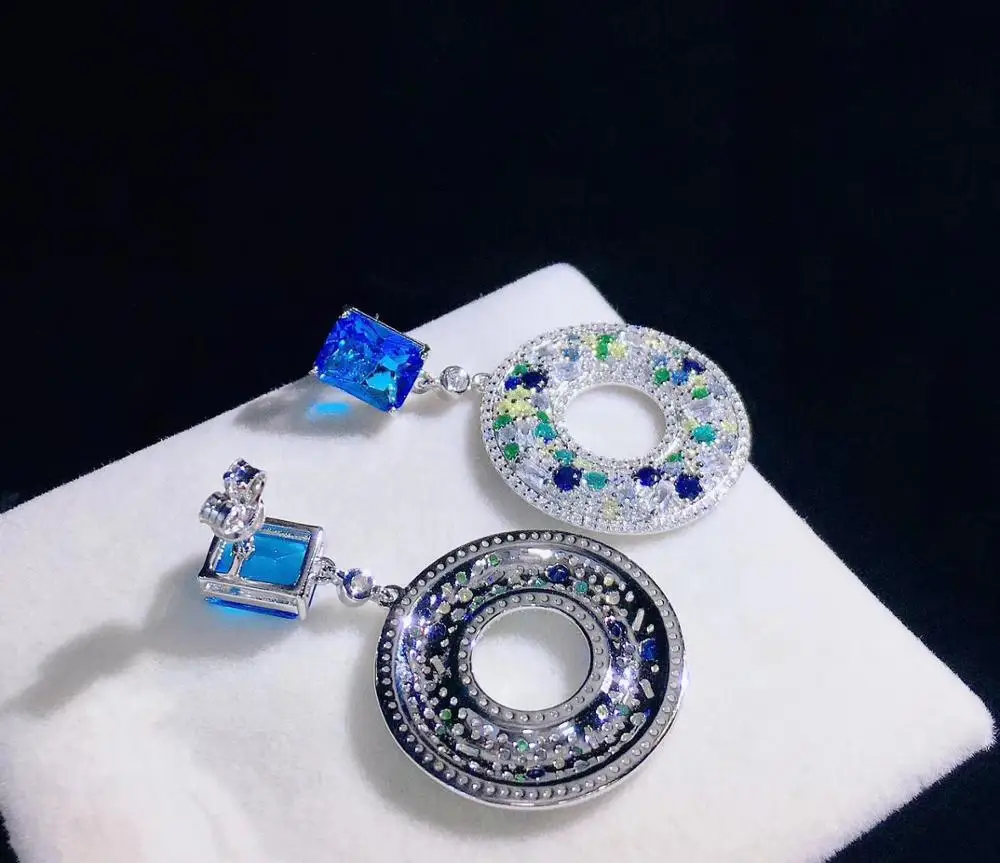 blue multi color 925 sterling silver with cubic zircon doughnut drop earring fashion fine  women jewelry  free shipping