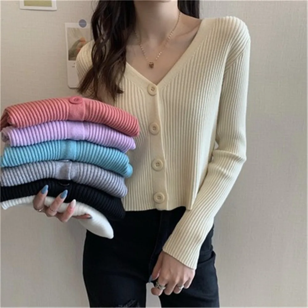 Single Breasted Solid Crop Top V-Neck Females Leisure Elegant Trendy Sweet Simple Design Outwear New Women Cardigan Sweater