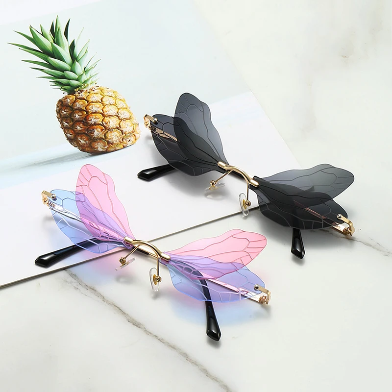 SO&EI Fashion Rimless Dragonfly Wing Sunglasses Women Vintage Clear Ocean Lens Eyewear Men Pink Yellow Sun Glasses Shades UV400