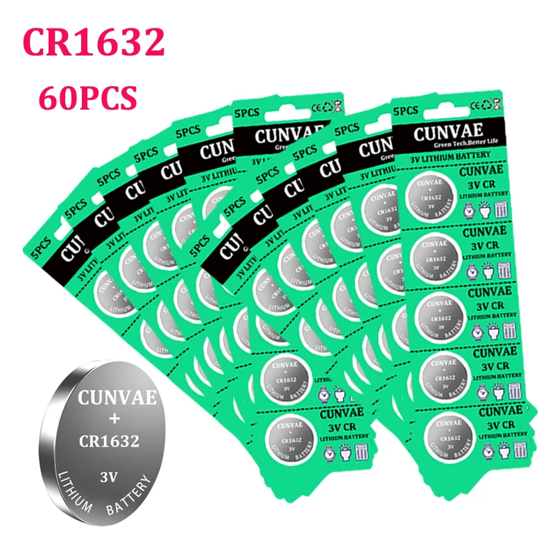 60pcs 1632 Button Battery CR1632 DL1632 Lithium Coin Cell Batteries 3V LM1632 BR1632 ECR1632 CR 1632 Electronic Watch Toy Remote