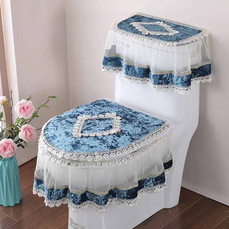 3 Pcs/Set Fabric Lace Toilet Mat Three-Piece Gold Velvet Toilet Seat Cover U-Shaped Zipper Toilet Pedestal Ring Toilet Cover