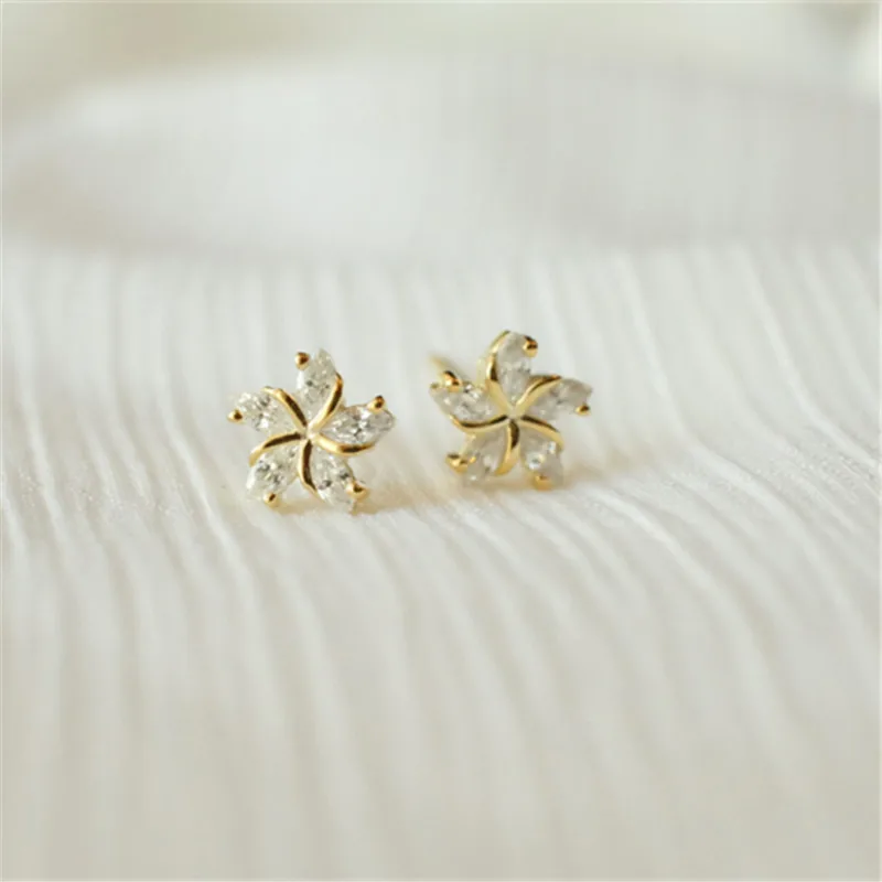 925 Sterling Silver Plating 14K Gold Small Flower Stud Earrings Women Pavé Crystal Hypoallergenic Material Student  Jewelry