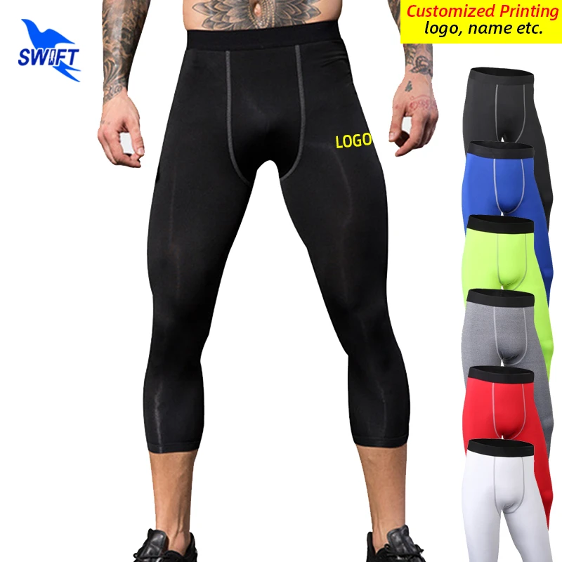 Quick Dry Elastic Men\'s Capris Running Tights Compression Sports Leggings Gym Fitness 3/4 Pants Workout Yoga Bottoms Customized